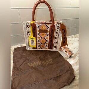 Wrangler White, Brown & Gold Geometric Tote with Braided Handles